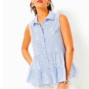 New Lilly Pulitzer Breah Sleeveless Button Up Top Shirt Sailboats Seashells 0